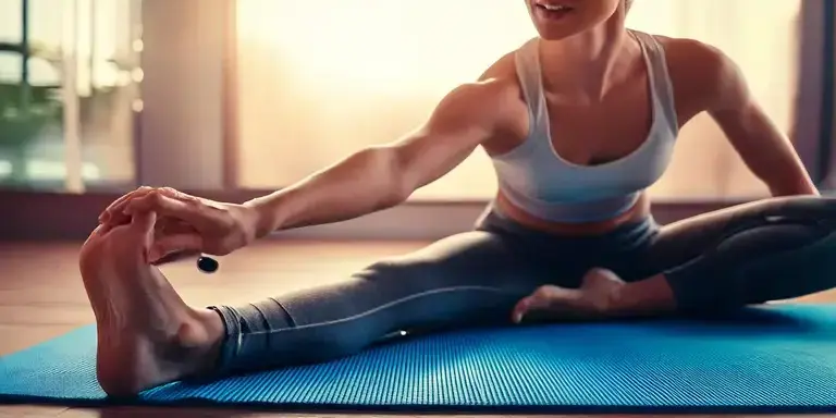 Nahaufnahme eines Beines beim Stretching auf einer Yogamatte für Schmerzprävention.