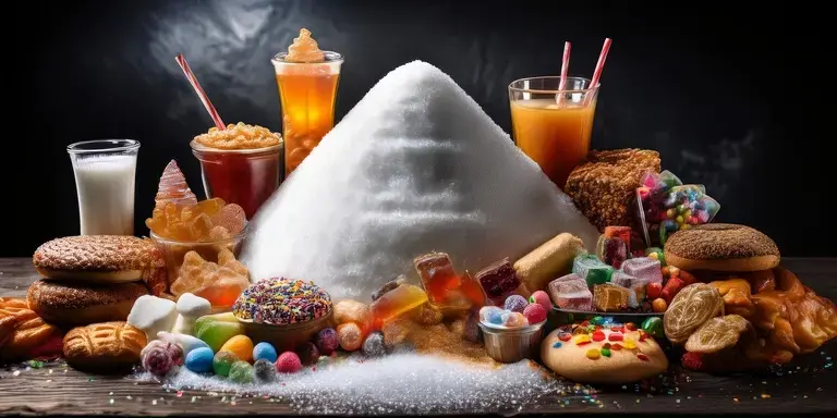 Ein dramatisches Bild mit einem Berg aus Zuckerwürfeln, umgeben von ungesunden Lebensmitteln wie Süßigkeiten und Limonade.