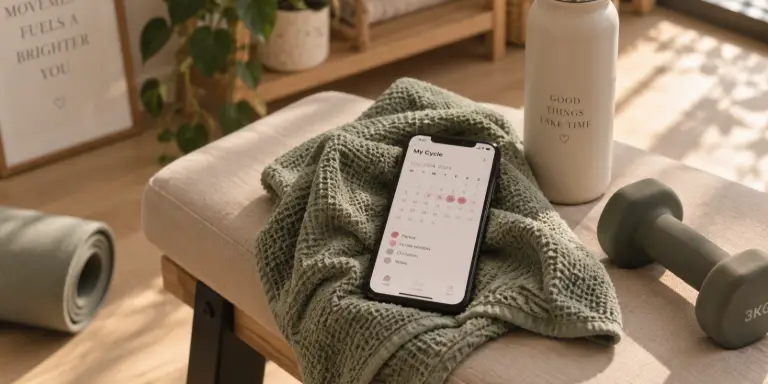 Smartphone mit Zyklus-Tracking-App auf einem grünen Handtuch in einem hellen Boutique-Fitnessstudio neben Hantel und Trinkflasche.