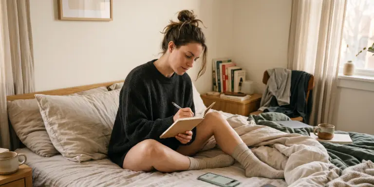 Frau sitzt auf einem Bett und schreibt in ein Notizbuch, daneben liegt ein Smartphone mit Zyklus-Tracking-App.