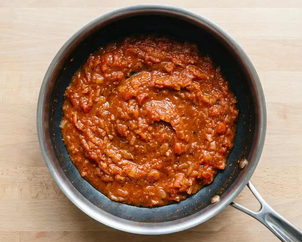 Eingekochte Tomaten-Gewürz-Sauce in Pfanne von oben
