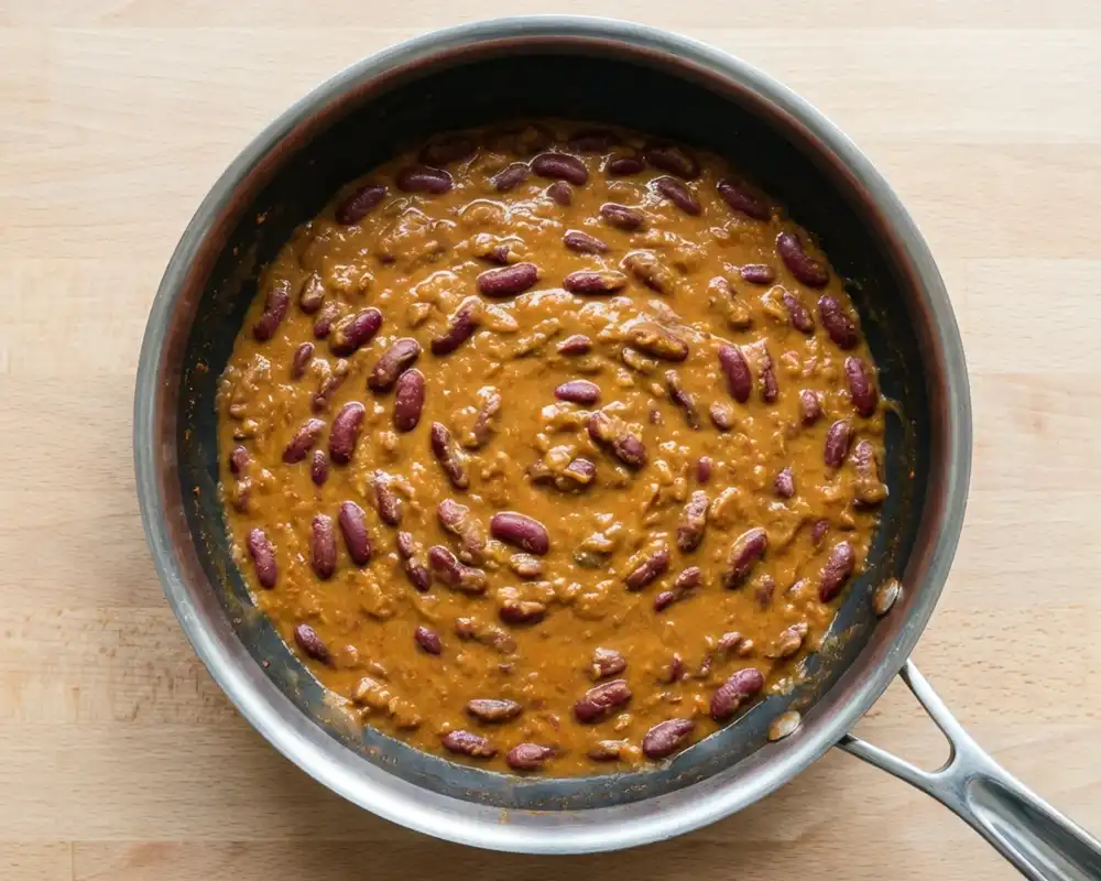 Sämiges Kidneybohnen-Curry in Pfanne von oben