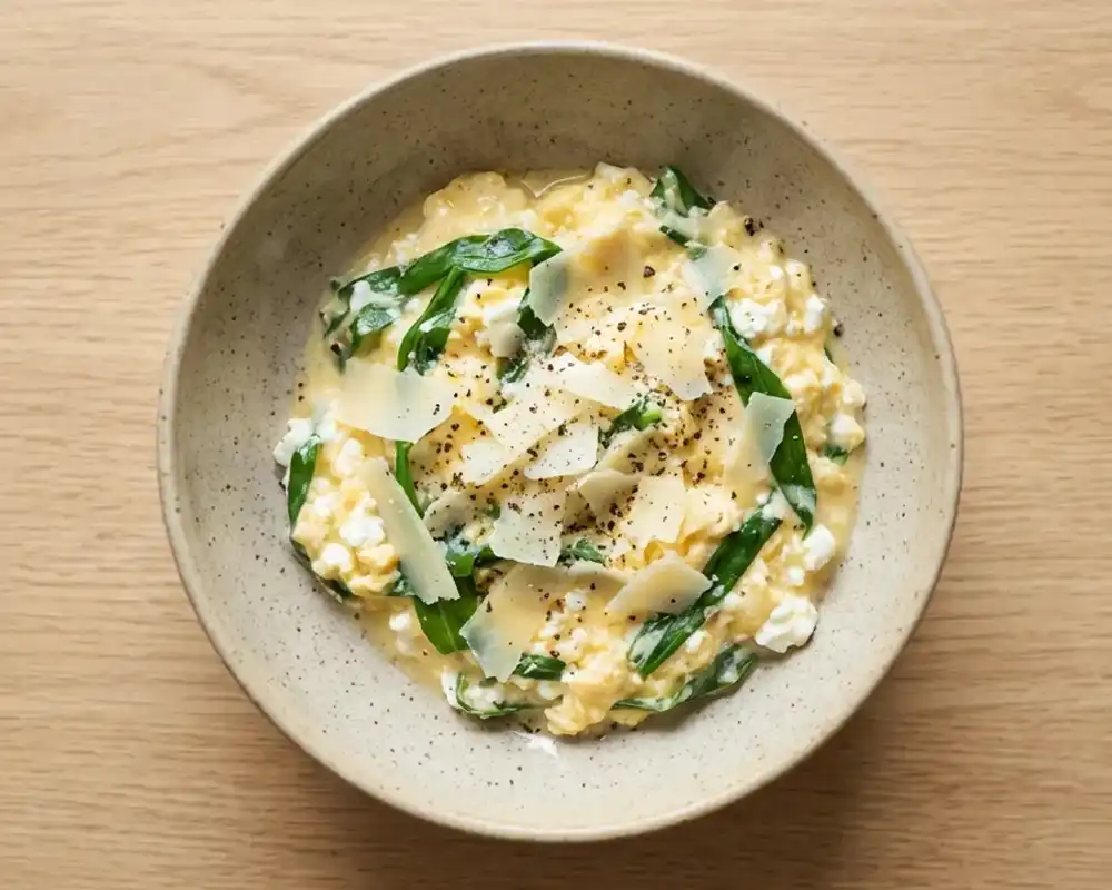 Cremiges Bärlauch-Rührei mit Hüttenkäse und Parmesan serviert