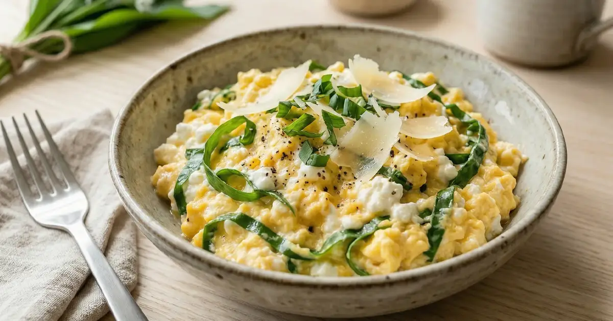 Cremiges Bärlauch-Rührei mit Hüttenkäse in einer Schüssel