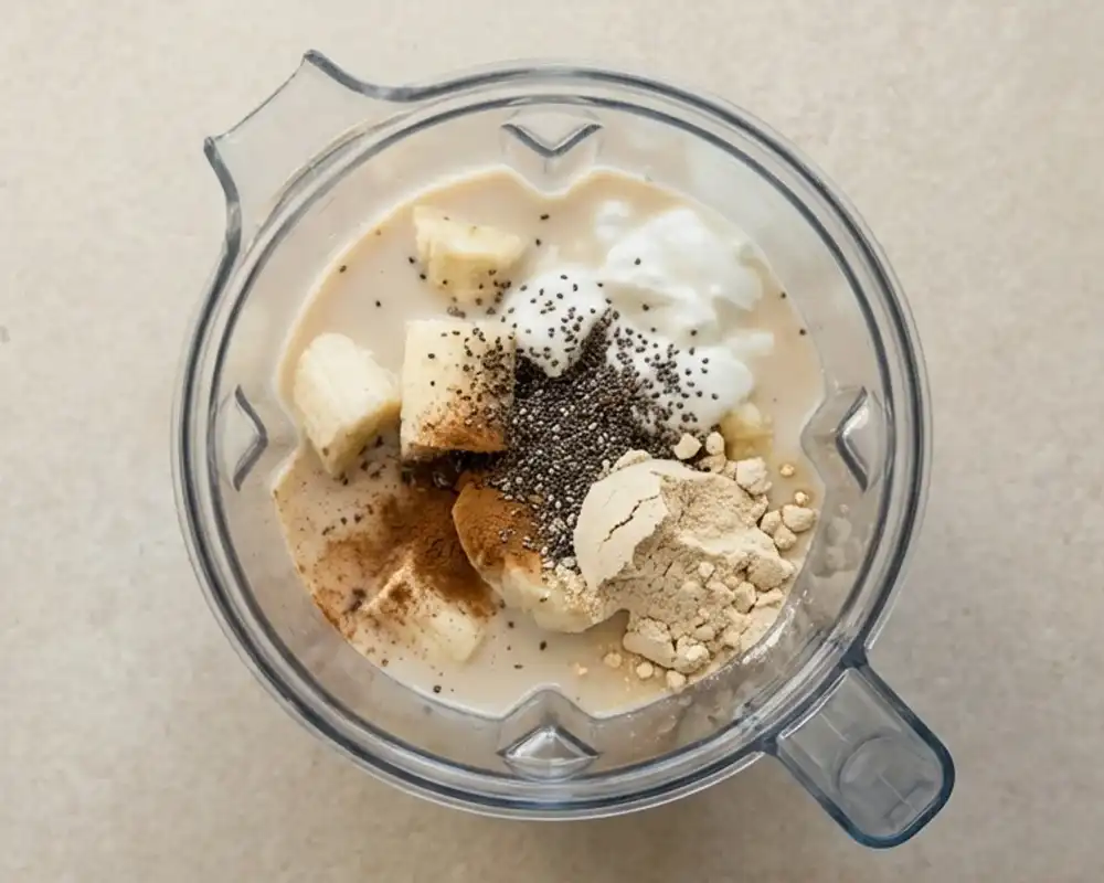 Blender mit Banane, Chiasamen, pflanzlicher Milch, Proteinpulver und Joghurt von oben