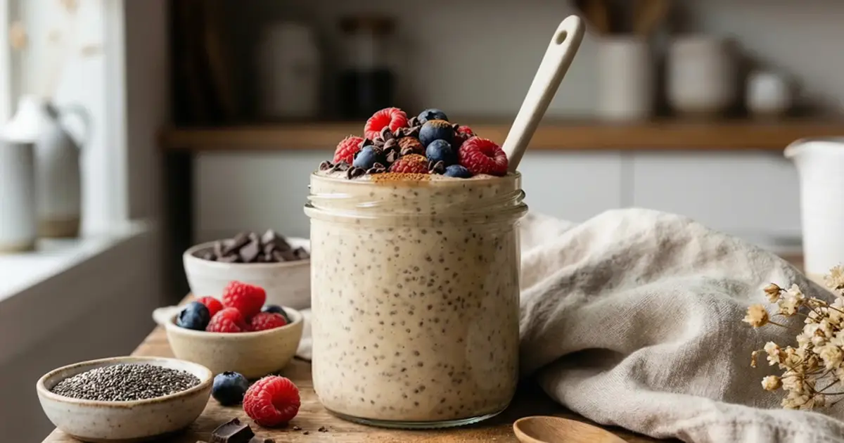 Veganer Banana Chia Pudding mit Beeren und Kakaonibs in Glas
