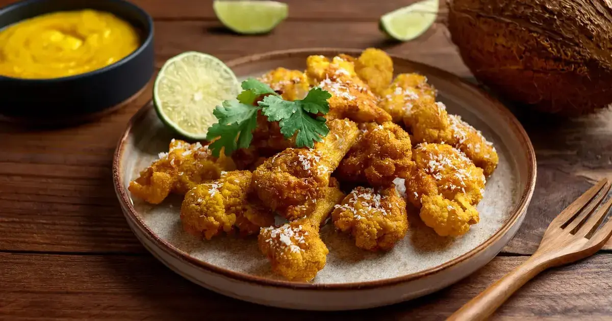 Knusprige Blumenkohl Wings mit Kokos-Panade, serviert mit Mango-Curry-Dip in einer kleinen Schale.