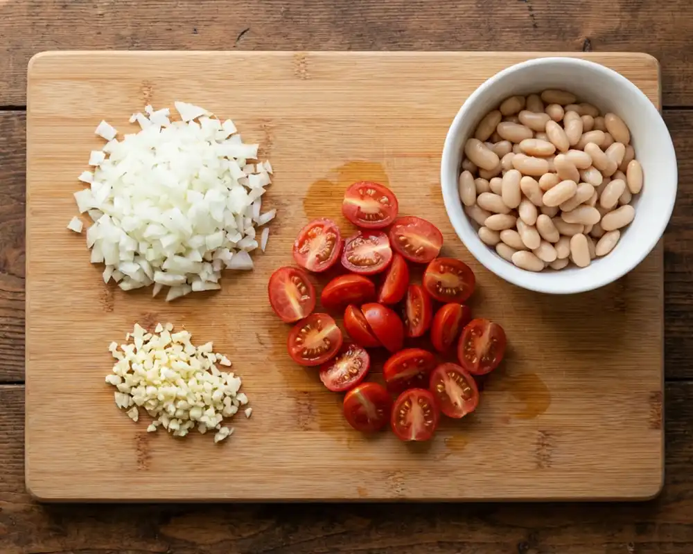 Fein gehackte Zwiebeln und Knoblauch, halbierte Cocktailtomaten und abgetropfte weiße Bohnen in einer Schale auf einem Holzschneidebrett von oben