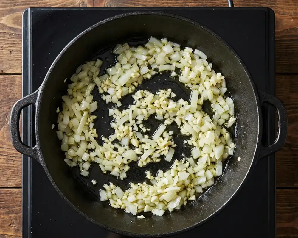 Fein gehackte Zwiebeln und Knoblauch glasig in Olivenöl in einer schwarzen Gusseisenpfanne von oben fotografiert