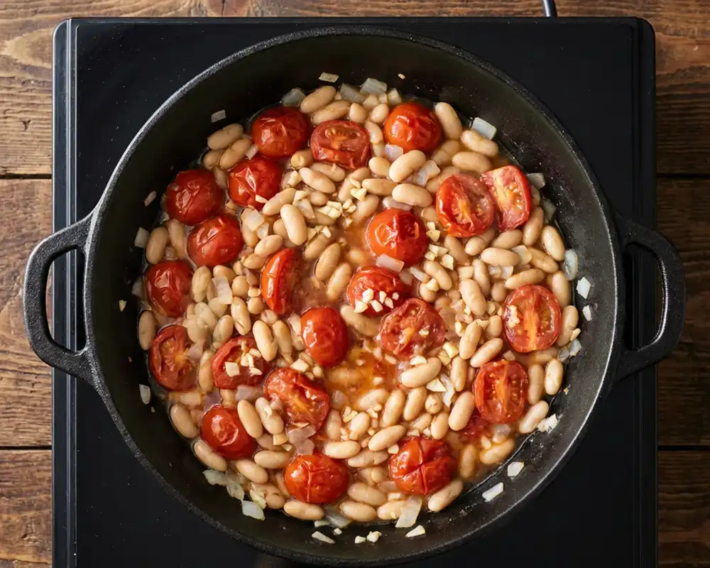 Halbierte Cocktailtomaten mit weißen Bohnen in einer Gusseisenpfanne, von oben fotografiert