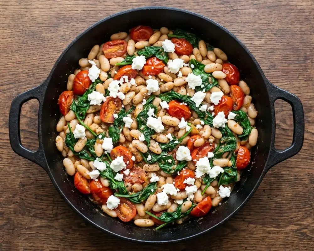 Bohnenpfanne mit Spinat und Tomaten, locker mit Feta bestreut in schwarzer Gusseisenpfanne, Draufsicht