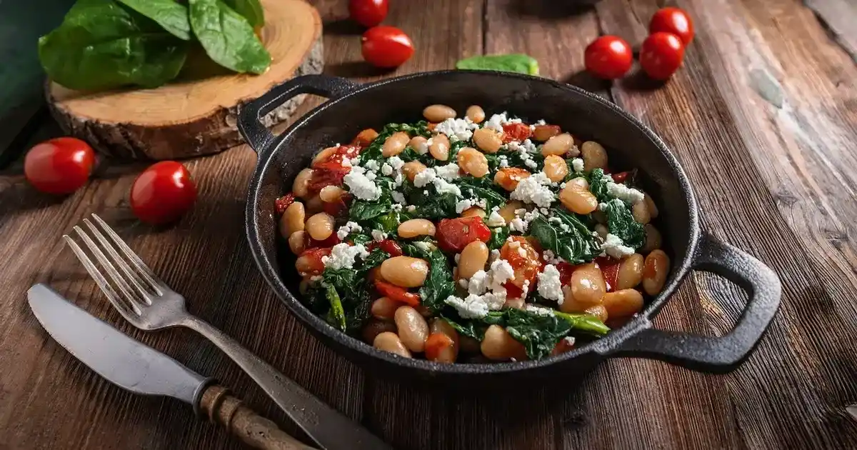 Bohnenpfanne mit Spinat, Tomaten und Feta in einer Pfanne serviert