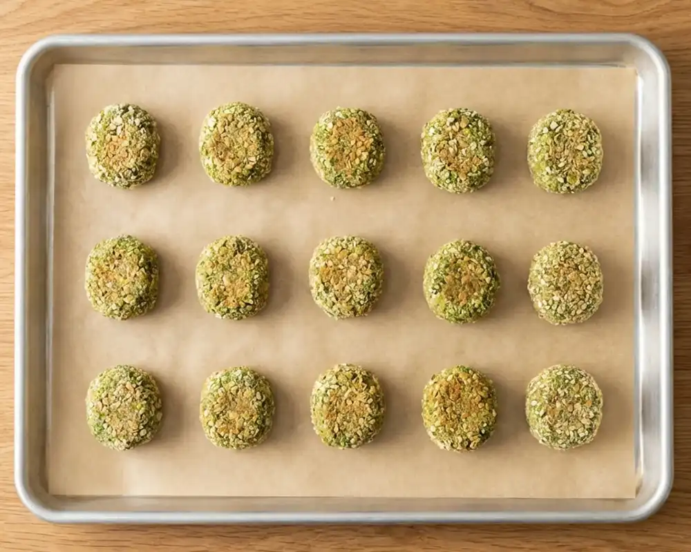 Geformte Brokkoli-Nuggets roh auf Backblech mit Backpapier
