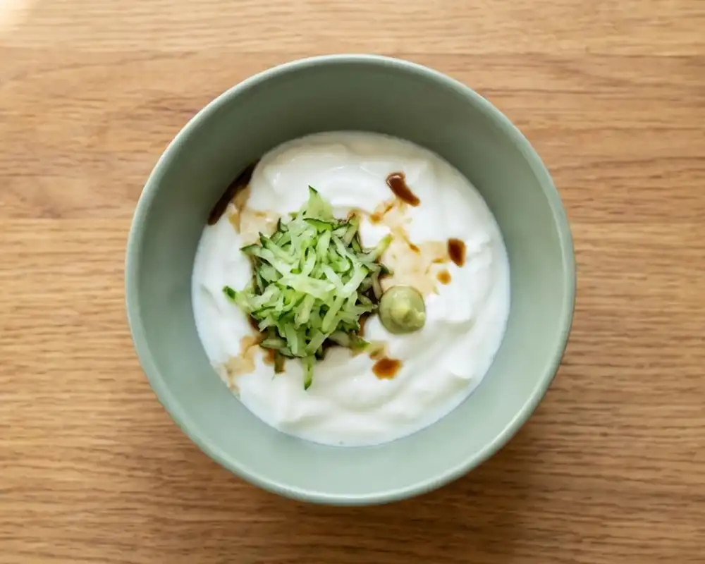 Zutaten für Gurken-Wasabi-Dip in Schüssel von oben vor dem Verrühren