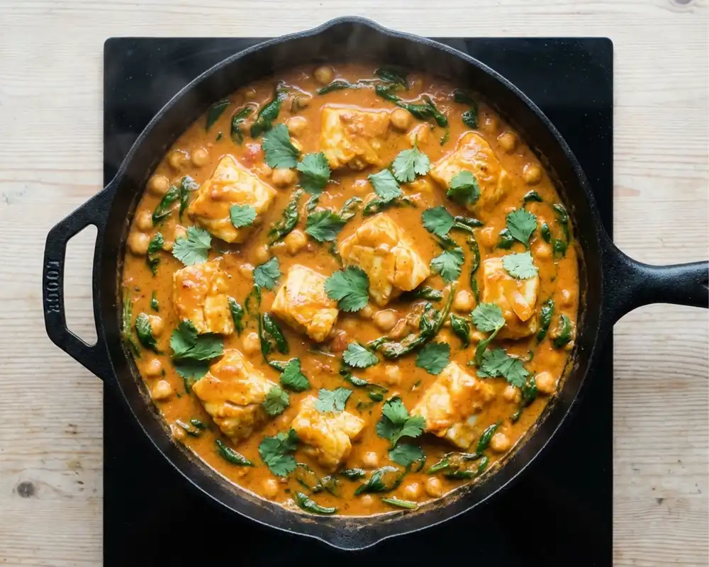 Fertiges Thai Kabeljau Curry mit Koriander in schwarzer Pfanne – Schritt 5 Servierbereit