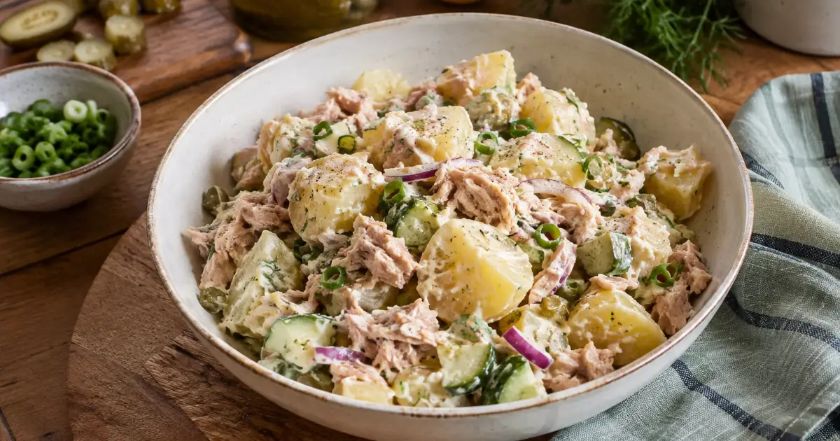 Cremiger Thunfisch-Kartoffelsalat mit Skyr, Gurke und Dill in einer Keramikschale.
