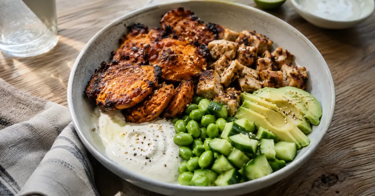 Crispy Smashed Sweet Potato Bowl mit gebratenem Hähnchen, Edamame, Gurke, Avocado, Sesam und cremigem Limetten-Skyr.
