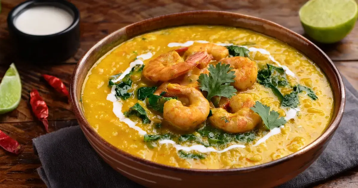 Cremiges Daal mit Garnelen, Spinat und Limette in einer Schale angerichtet