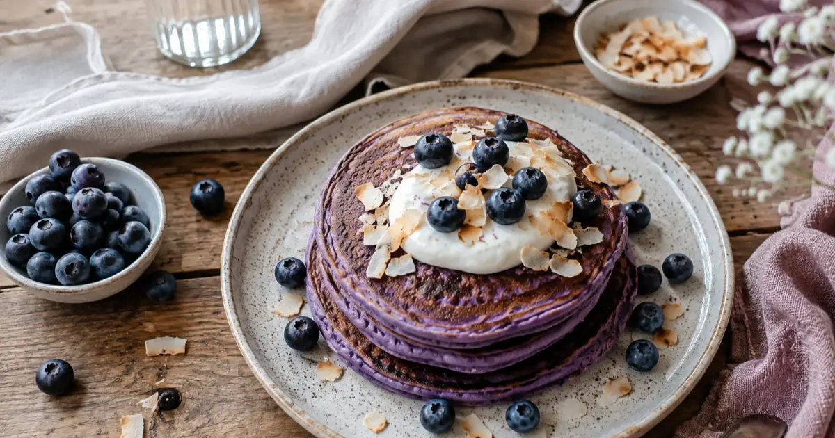 Ube-Protein-Pancakes mit Skyr, Heidelbeeren und Kokoschips von oben fotografiert.