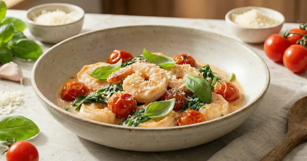 Cremige kalorienarme Garnelen mit Parmesan-Tomaten-Sauce, Spinat und frischem Basilikum