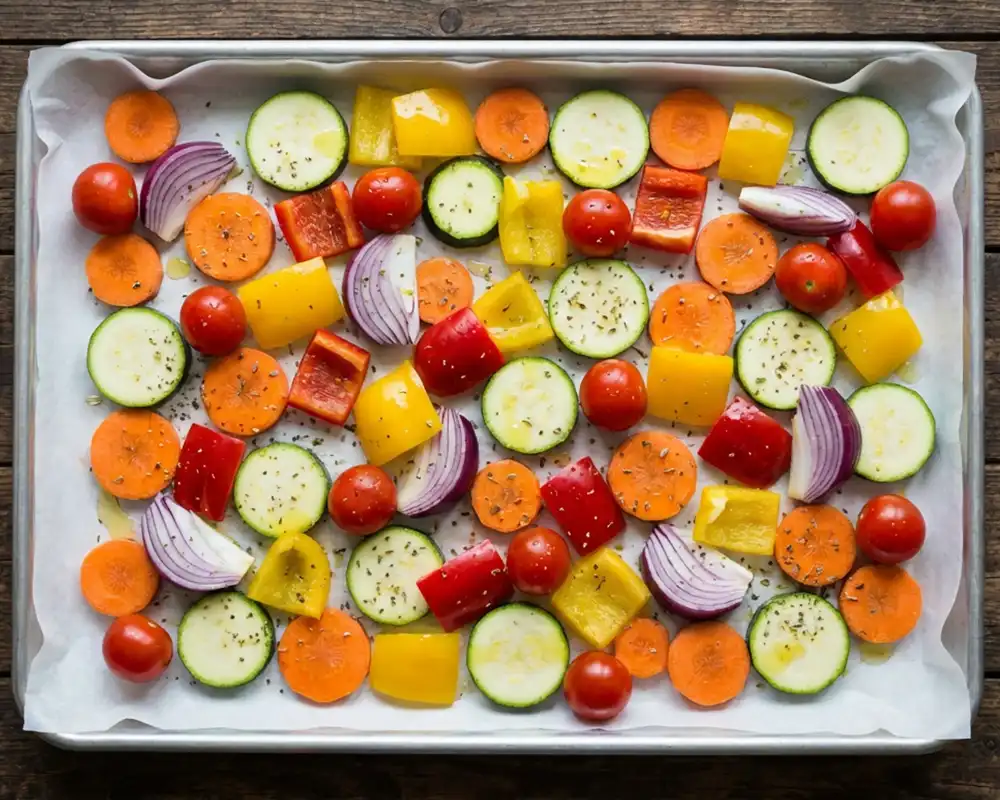 Ofengemüse auf Backblech mit Karotten, Zucchini und Paprika vor dem Backen
