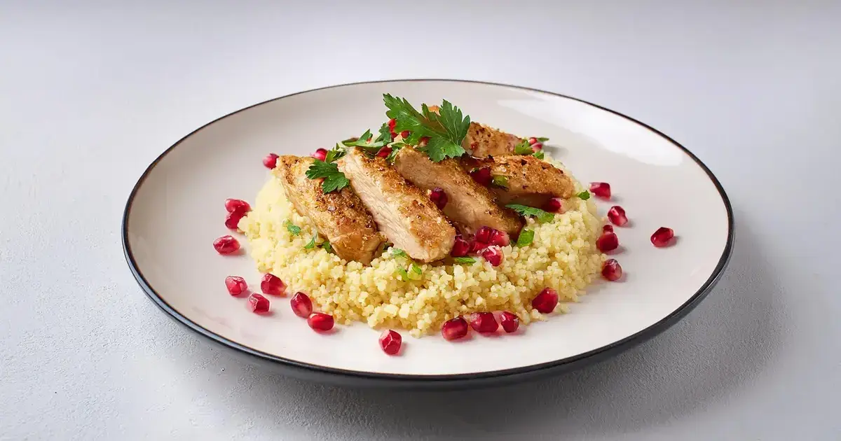 Gebratene Putenstreifen auf Couscous mit Granatapfelkernen und Petersilie, stilvoll serviert.