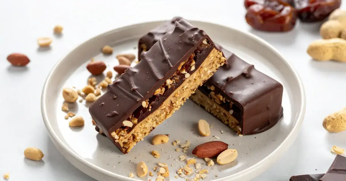 Vegane Snickers-Eisriegel mit Dattelpaste, Erdnüssen und dunkler Schokolade