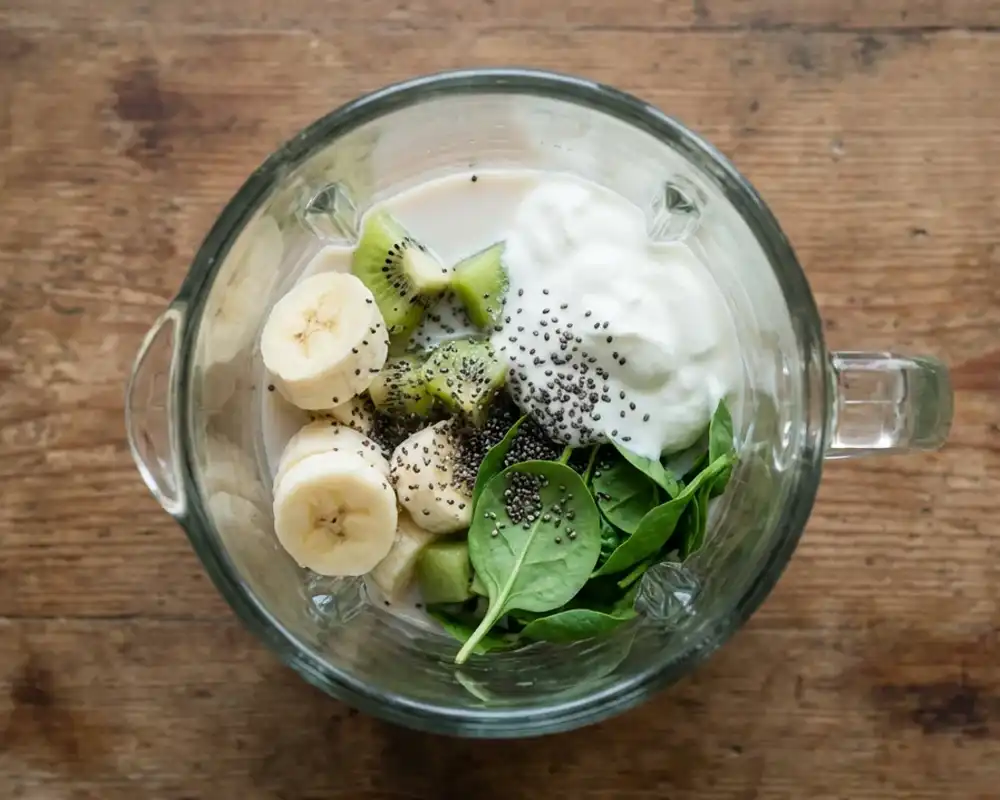 Zutaten im Mixer für grüne Protein Smoothie Bowl vor dem Pürieren von oben fotografiert