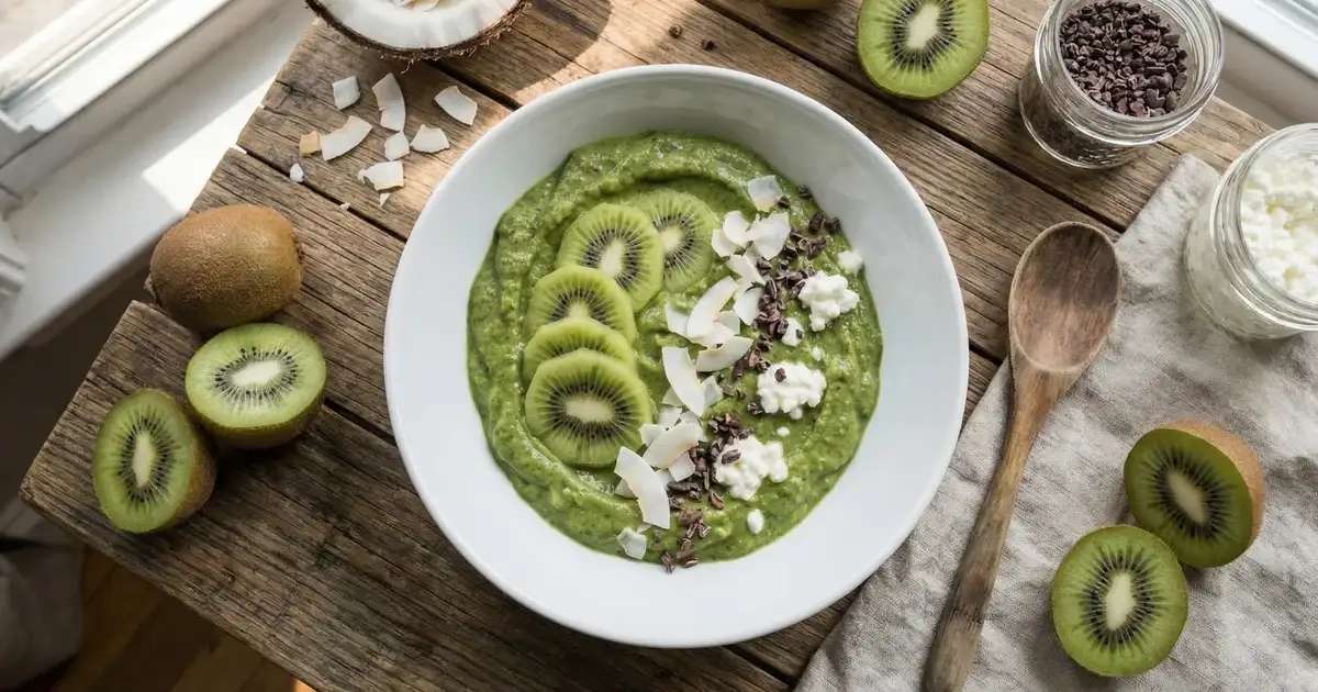 Green Protein Breakfast Bowl mit Kiwi, Kokoschips und Kakaonibs