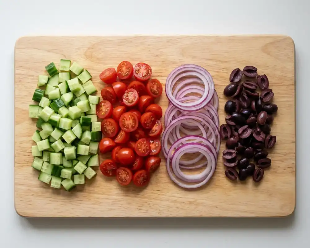 Geschnittenes Gemüse auf Holzbrett mit Gurke Tomaten Zwiebeln und Oliven von oben