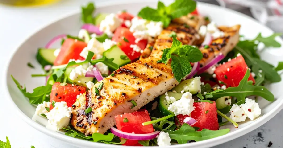Sommerlicher Grillhähnchen-Salat mit Wassermelone, Feta und frischer Minze