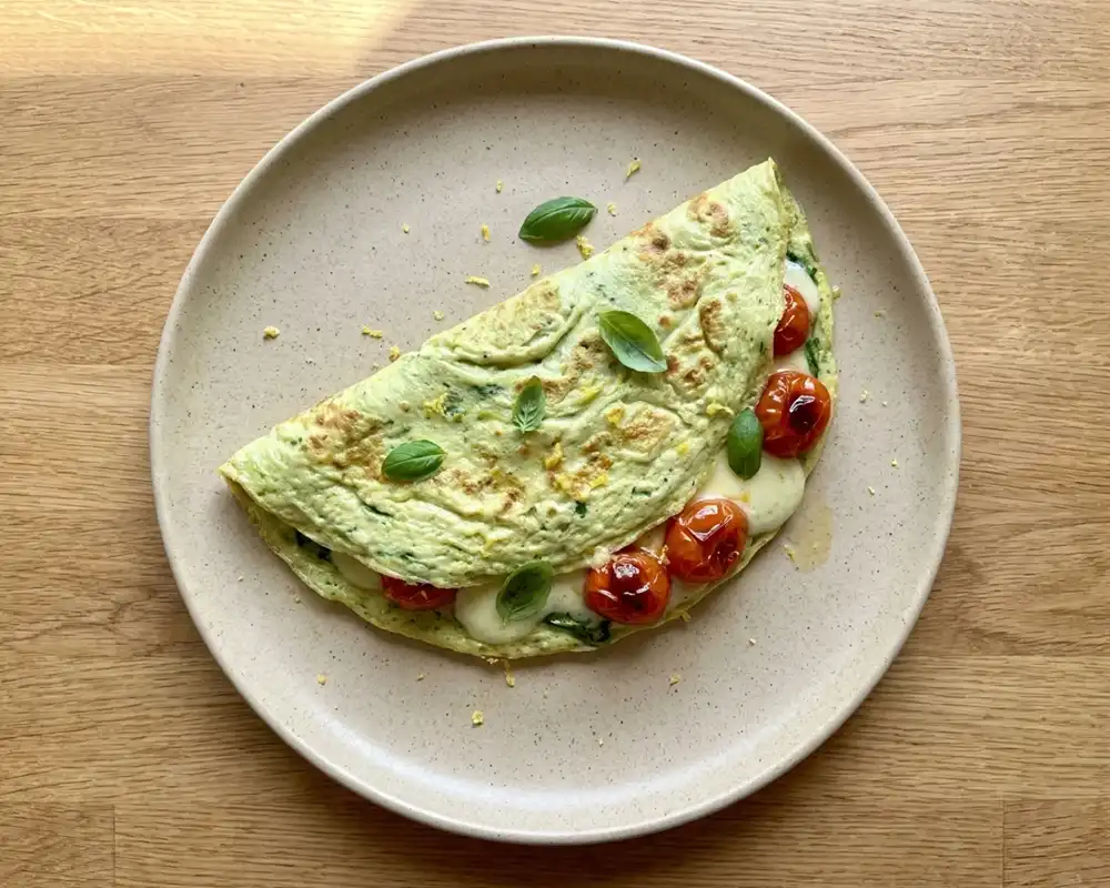 Gefaltetes grünes Basilikum-Omelette mit geschmolzenem Mozzarella und Tomaten auf Keramikteller von oben fotografiert