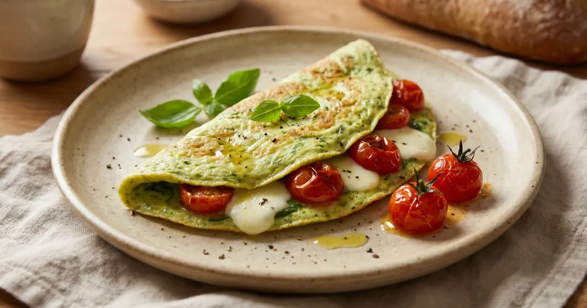 Natürlich grünes Basilikum-Omelette mit Mozzarella, gerösteten Tomaten und Pinienkernen