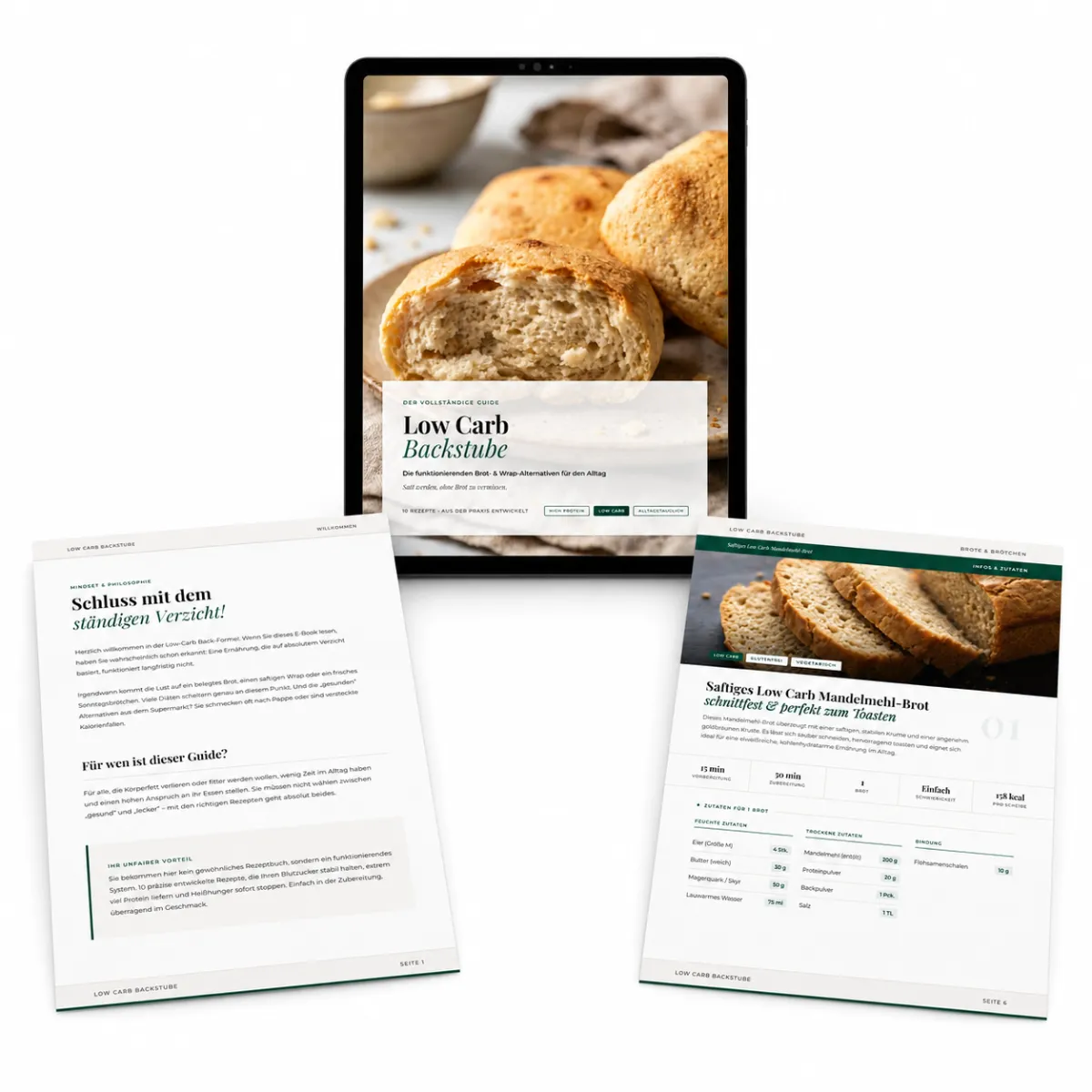 Tablet zwischen zwei Rezeptseiten zeigt Low Carb Backstube mit Bildern von Brot und Backrezepten.