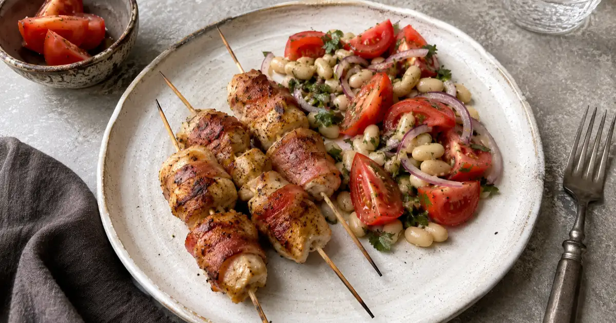 Hähnchen-Bacon-Spieße mit magerem Geflügel-Bacon und frischem Tomaten-Bohnen-Salat.