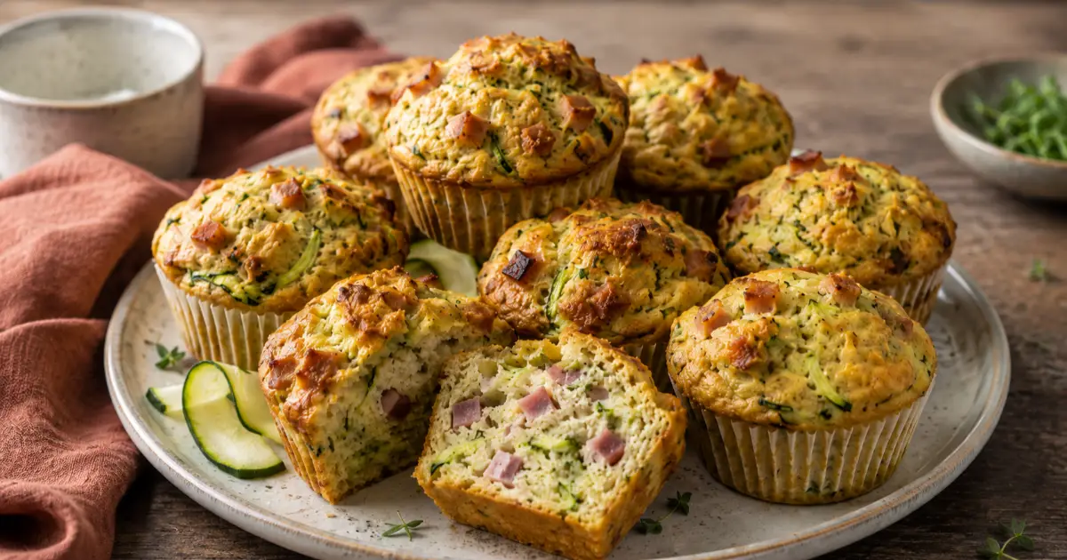 Herzhafte Zucchini-Protein-Muffins mit veganen Schinkenwürfeln auf einem Keramikteller, davon ein Muffin angeschnitten.