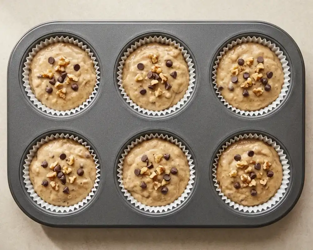Muffinteig mit Schokodrops im 6er-Muffinblech vor dem Backen