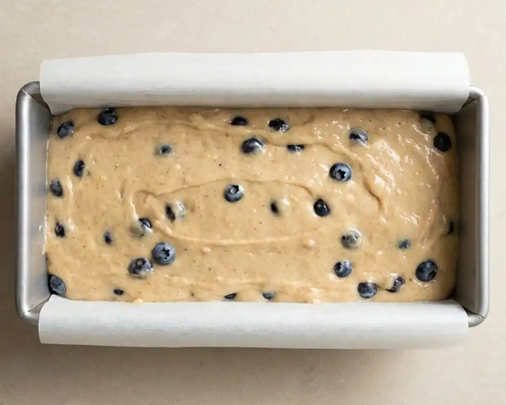 Bananenbrot-Teig mit Heidelbeeren in Kastenform von oben – Schritt 4
