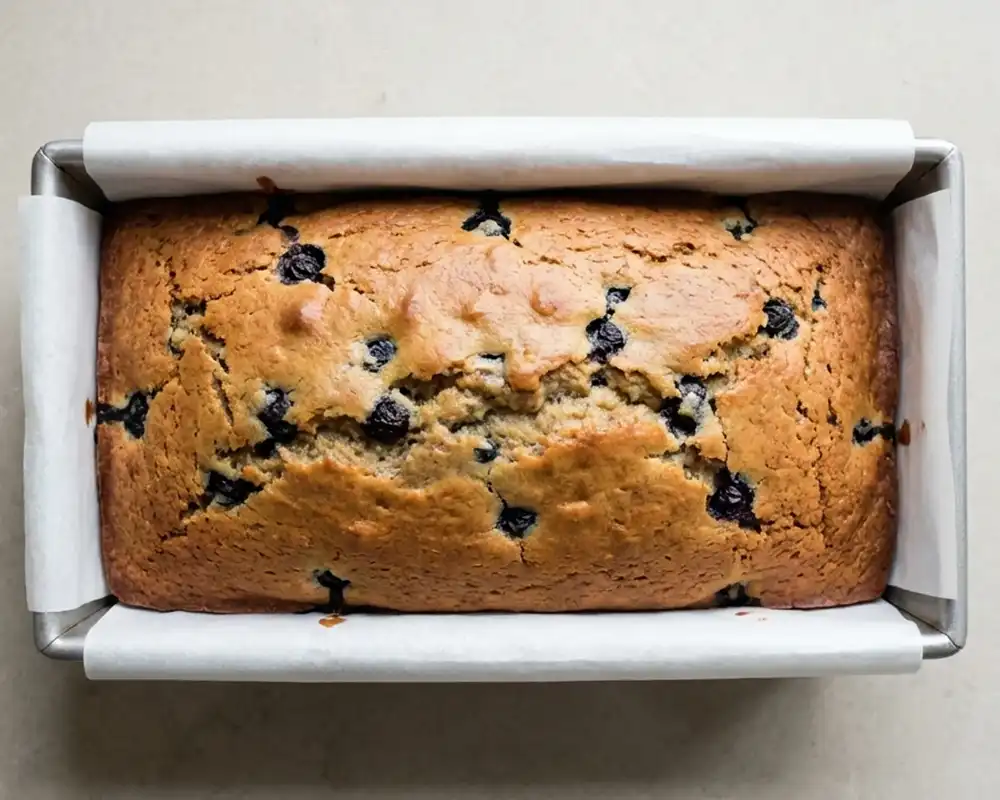 Fertig gebackenes Bananenbrot mit Heidelbeeren in Kastenform von oben – Schritt 5