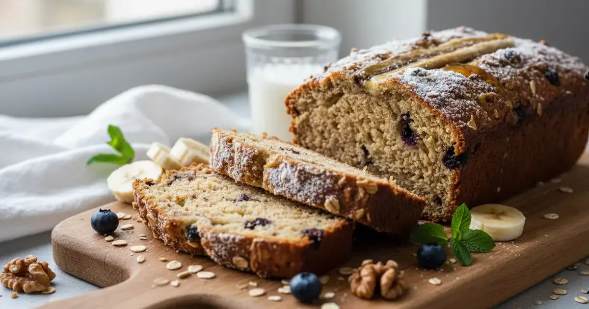 High Protein Bananenbrot mit Heidelbeeren, Haferflocken und Whey in Scheiben