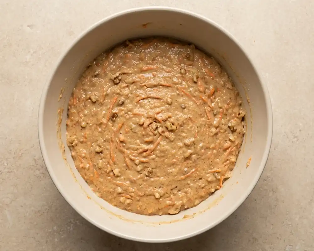 Karottenkuchen-Teig mit geraspelten Karotten und Walnüssen von oben
