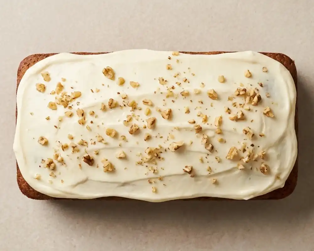 Karottenkuchen mit Skyr-Frischkäse-Frosting und Walnüssen von oben