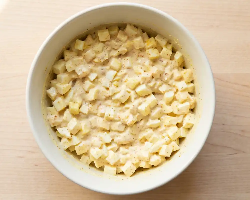 Gewürzter Eiersalat mit Kurkuma und Paprikapulver in Schüssel
