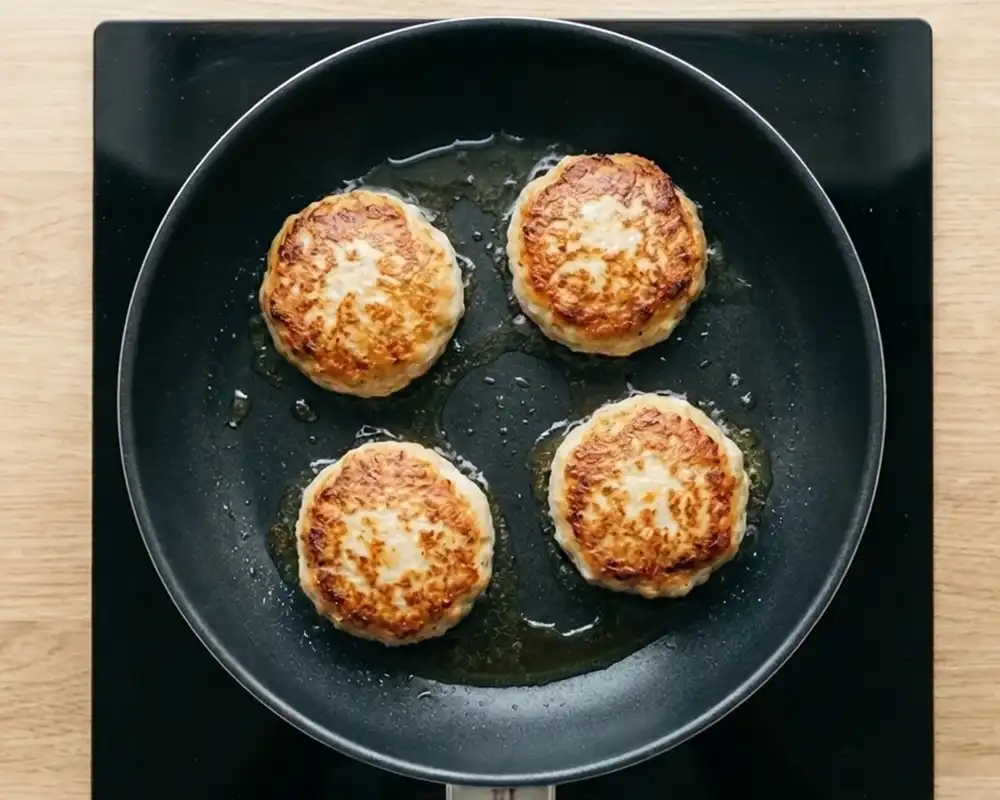 Fischfrikadellen braten in einer Pfanne auf dem Herd