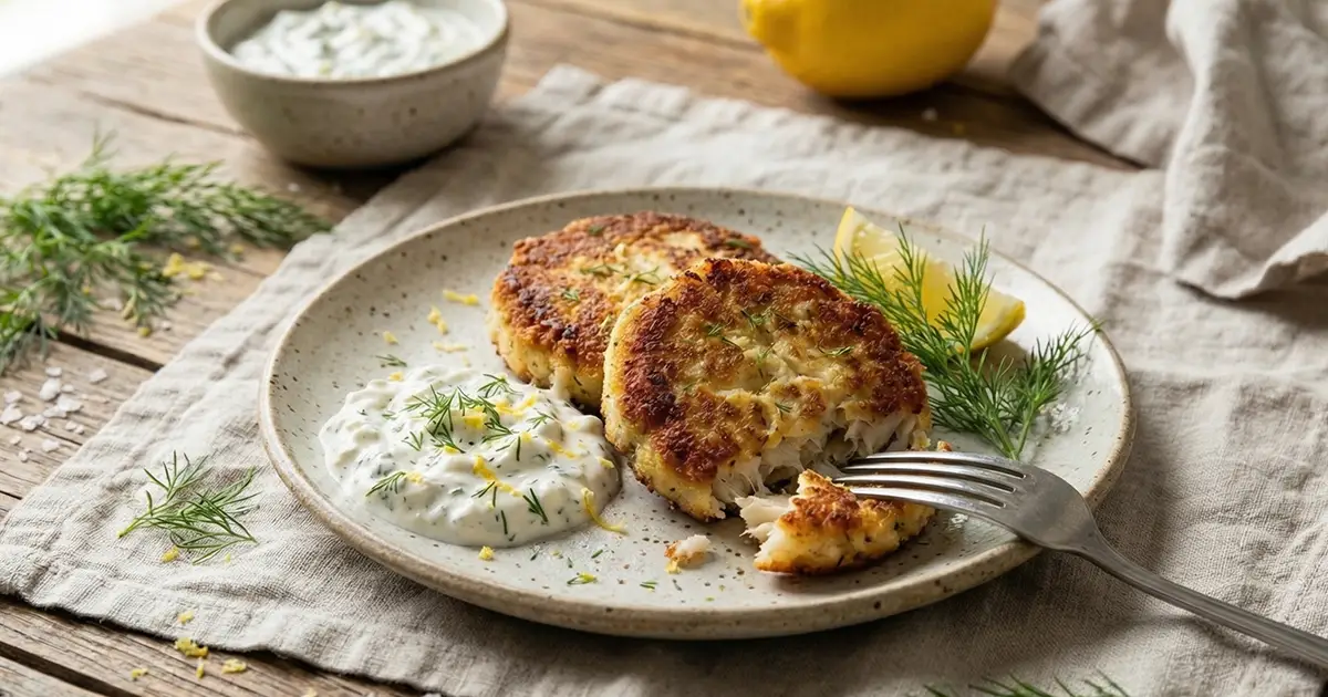 High Protein Fischfrikadellen aus Kabeljau mit Zitronen-Dill-Hüttenkäse
