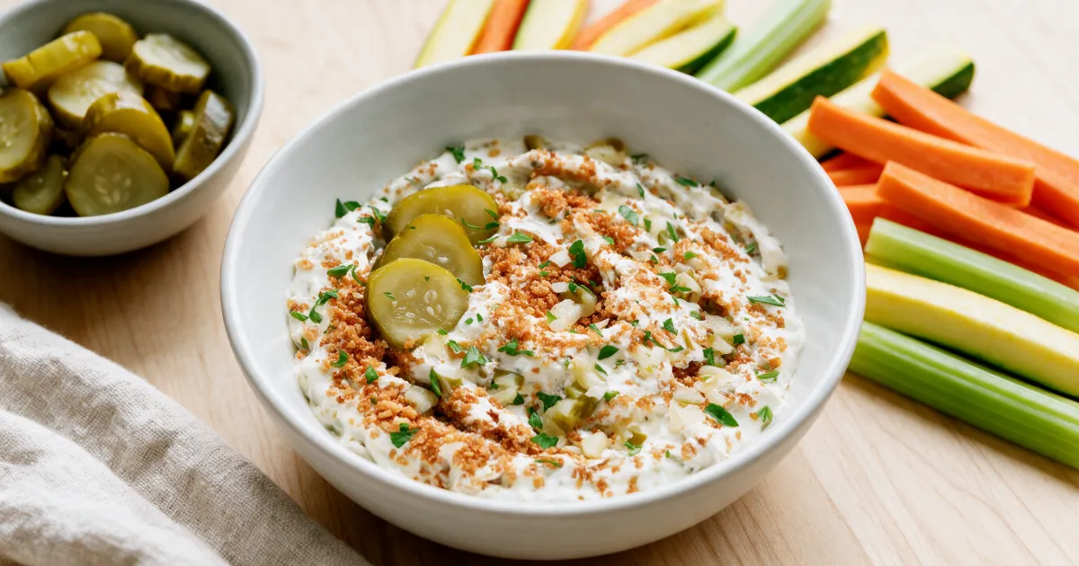 Cremiger High Protein Fried Pickle Dip mit knusprigem Panko-Topping, Dill und Gewürzgurken in einer Keramikschüssel.