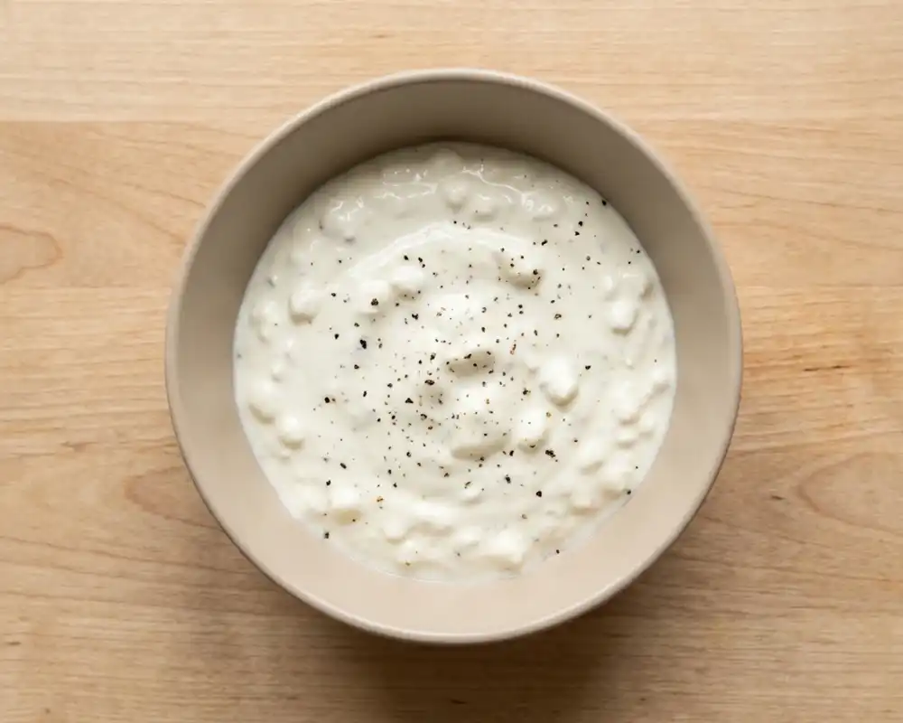 Cremige Skyr-Hüttenkäse-Sauce in einer Keramikschüssel von oben