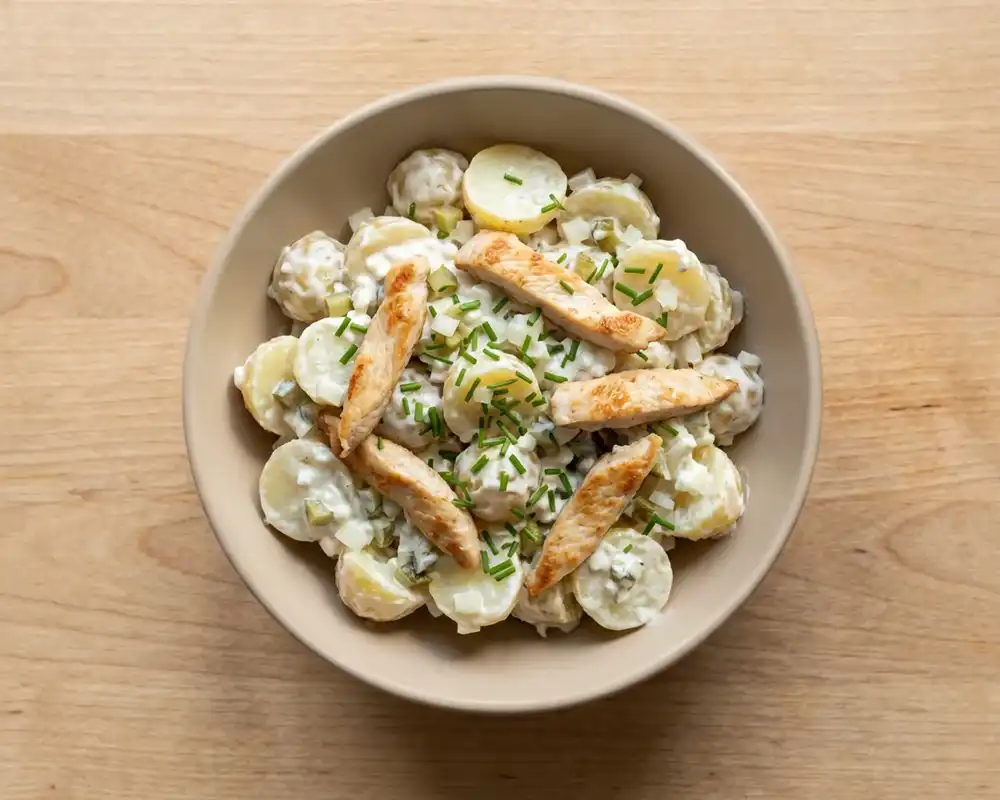 Kartoffelsalat mit Putenstreifen und Schnittlauch in einer Keramikschüssel von oben