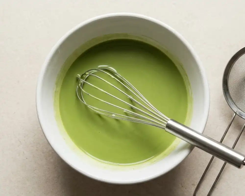Matcha mit Mandelmilch in einer weißen Schüssel glatt verrührt – Vorbereitung für Matcha Chia Pudding