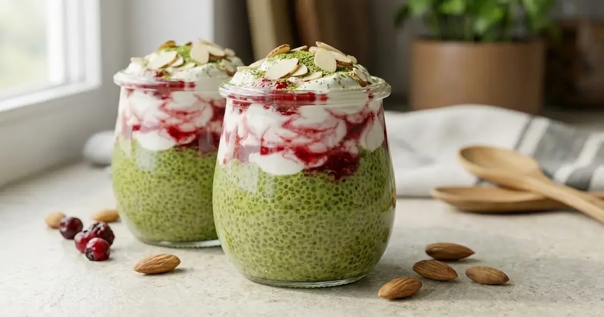 Matcha Chia Pudding mit Skyr, Himbeer-Swirl und Mandelblättchen in einem Glas